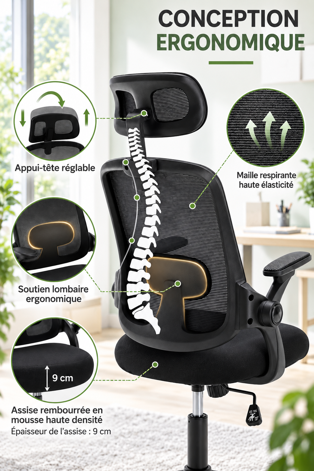 FlexArm Pro — Fauteuil de bureau ergonomique à appui-tête et accoudoirs réglables