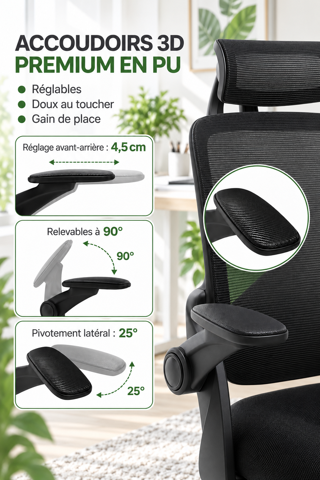 FlexArm Pro — Fauteuil de bureau ergonomique à appui-tête et accoudoirs réglables
