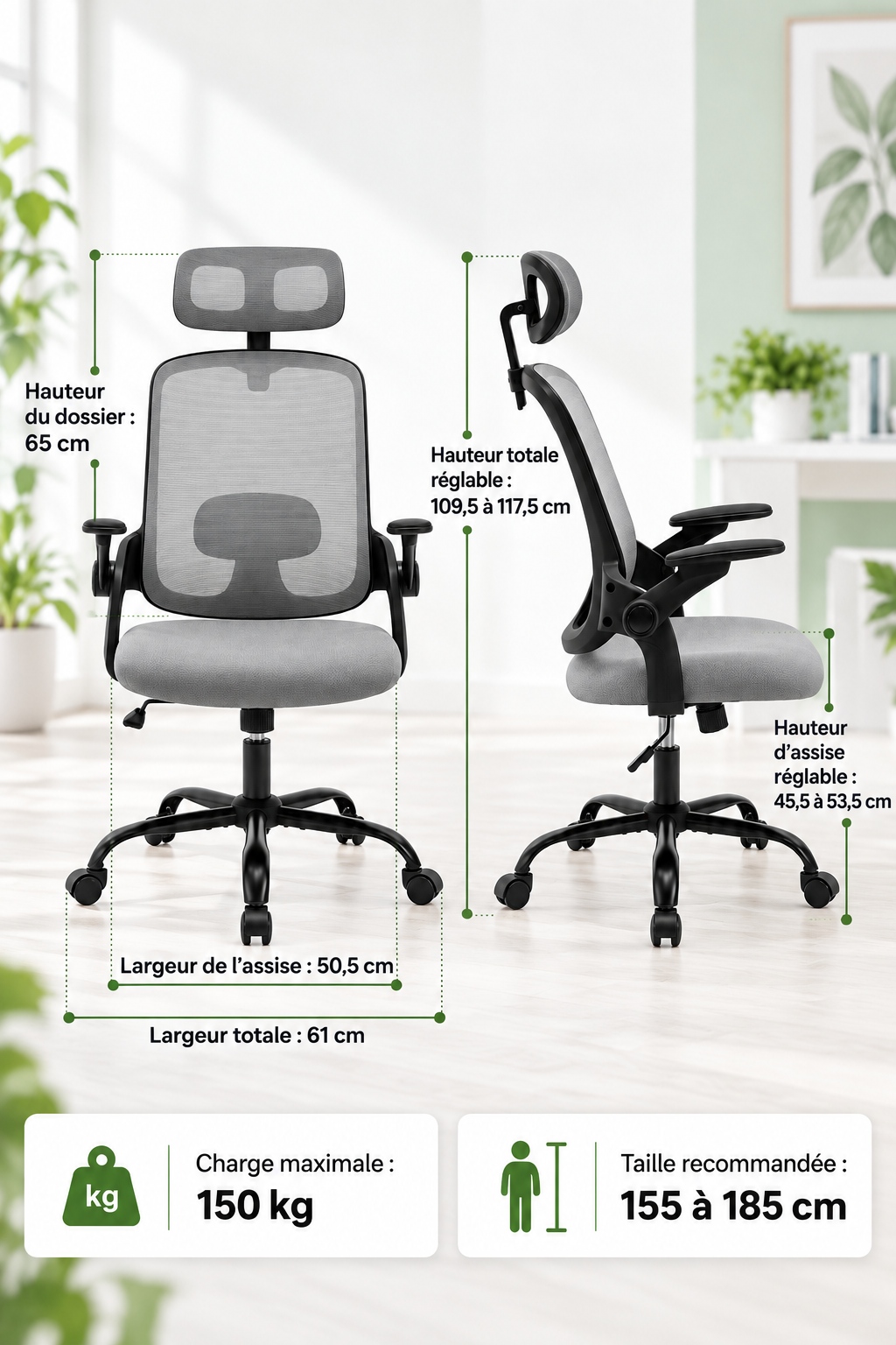 FlexArm Pro — Fauteuil de bureau ergonomique à appui-tête et accoudoirs réglables