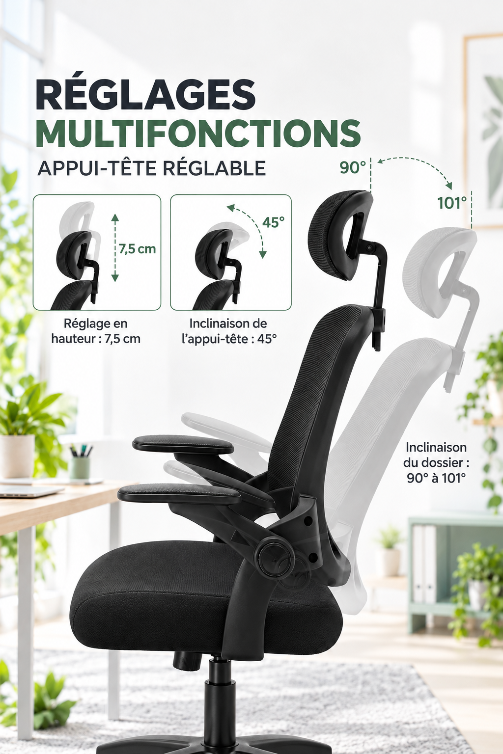 FlexArm Pro — Fauteuil de bureau ergonomique à appui-tête et accoudoirs réglables