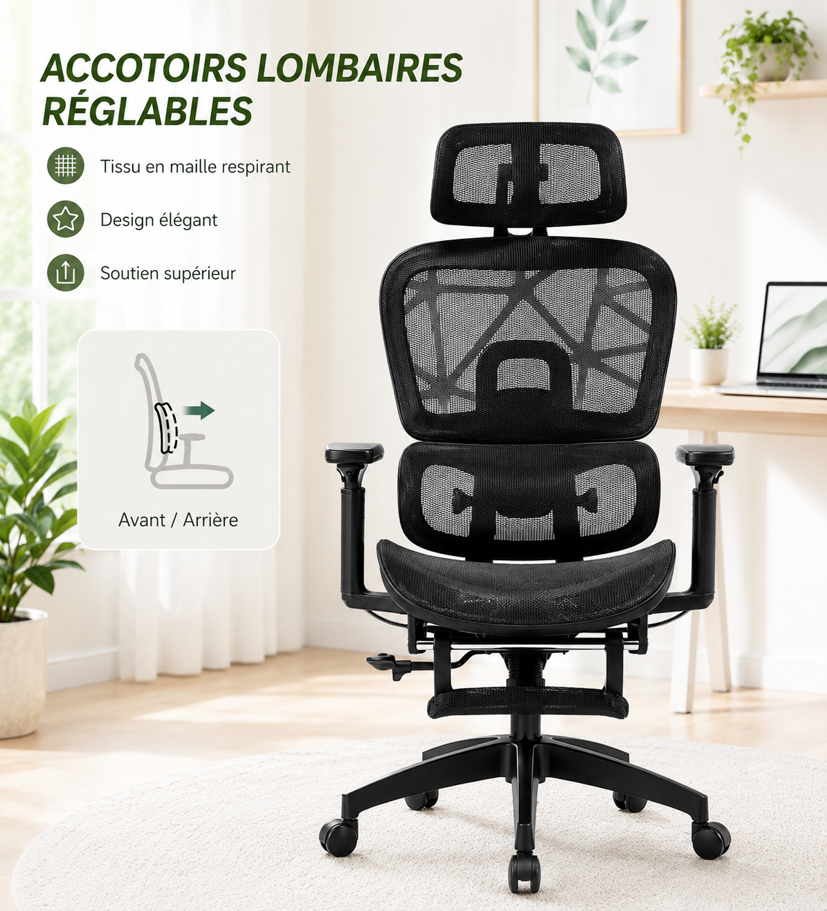 DualBack Elite — Fauteuil de bureau ergonomique à dossier double et accoudoirs 4D mesh noir, haut de gamme