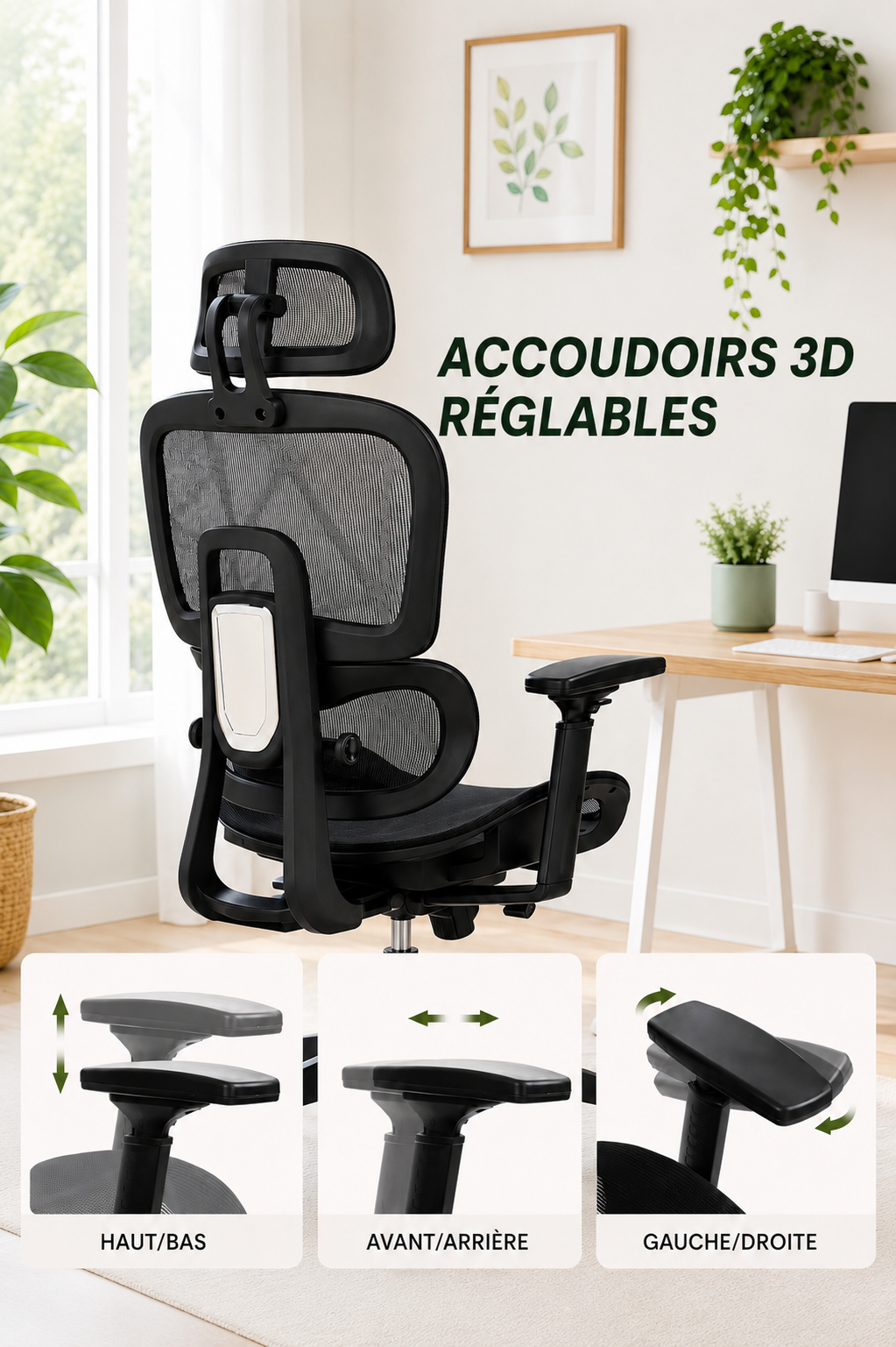 DualBack Elite — Fauteuil de bureau ergonomique à dossier double et accoudoirs 4D mesh noir, haut de gamme