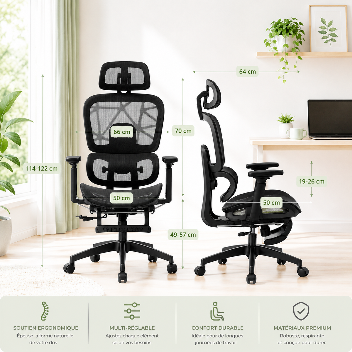 DualBack Elite — Fauteuil de bureau ergonomique à dossier double et accoudoirs 4D mesh noir, haut de gamme