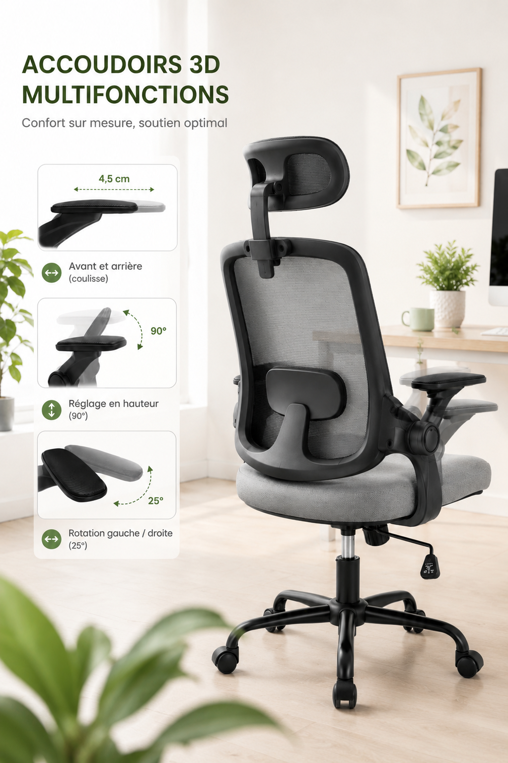 FlexArm Pro — Fauteuil de bureau ergonomique à appui-tête et accoudoirs réglables