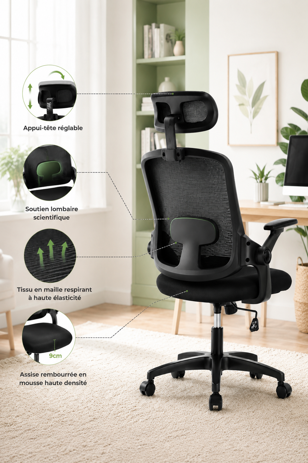 FlexArm Pro — Fauteuil de bureau ergonomique à appui-tête et accoudoirs réglables