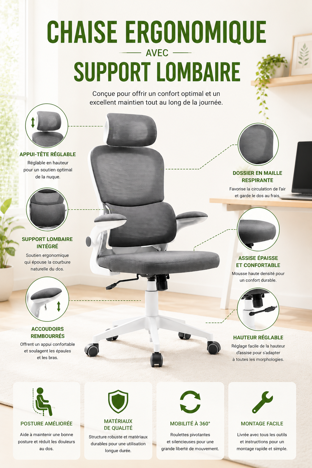 PureMesh Air — Fauteuil de bureau ergonomique en maille blanc et gris
