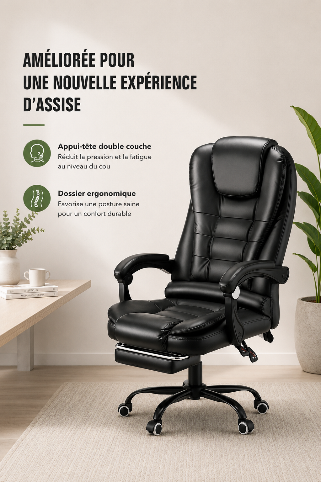 RecliMax 170 — Fauteuil de bureau matelassé avec repose-pieds escamotable similicuir, inclinaison 170°