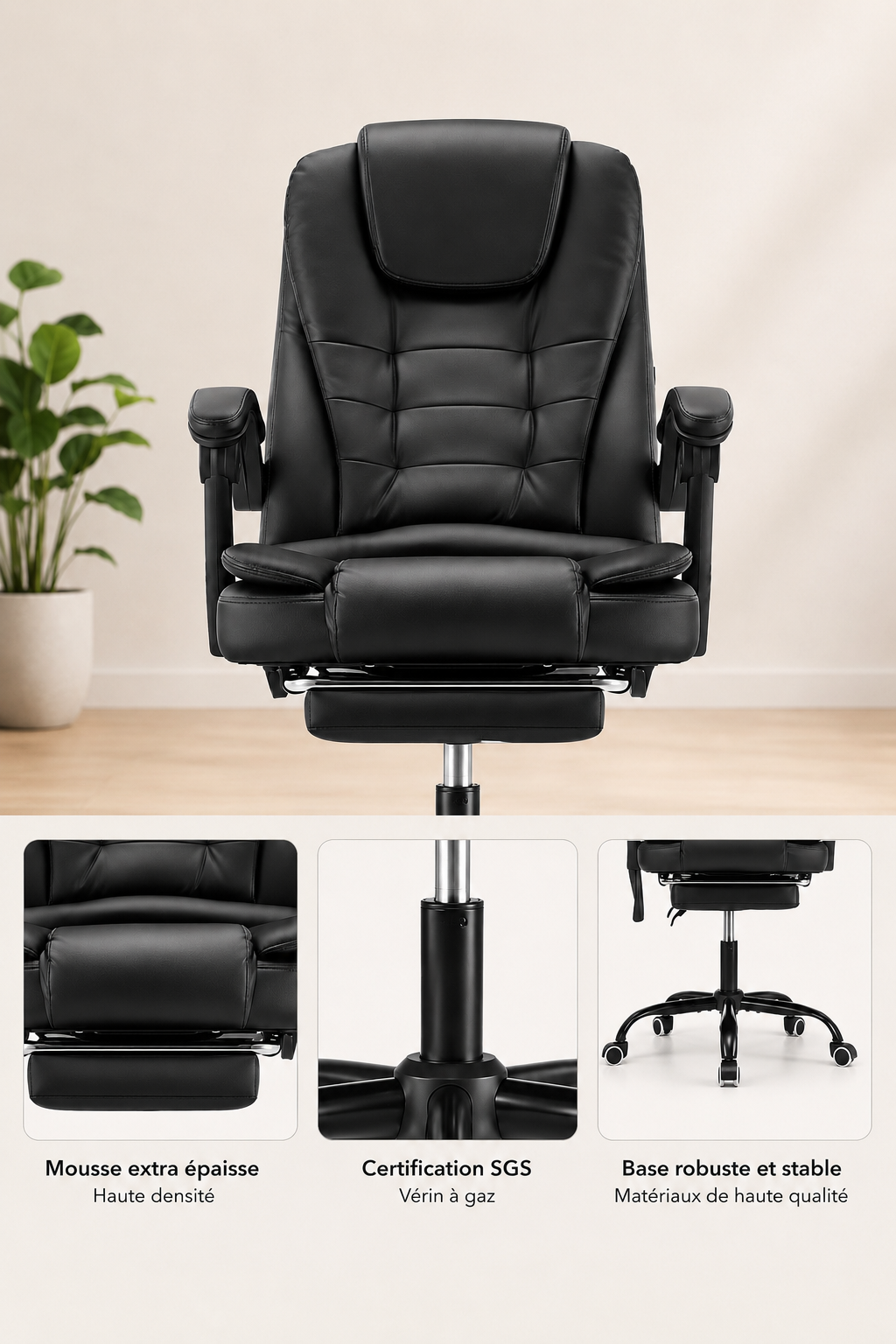 RecliMax 170 — Fauteuil de bureau matelassé avec repose-pieds escamotable similicuir, inclinaison 170°