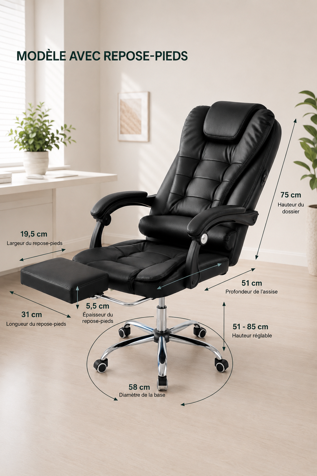 RecliMax 170 — Fauteuil de bureau matelassé avec repose-pieds escamotable similicuir, inclinaison 170°
