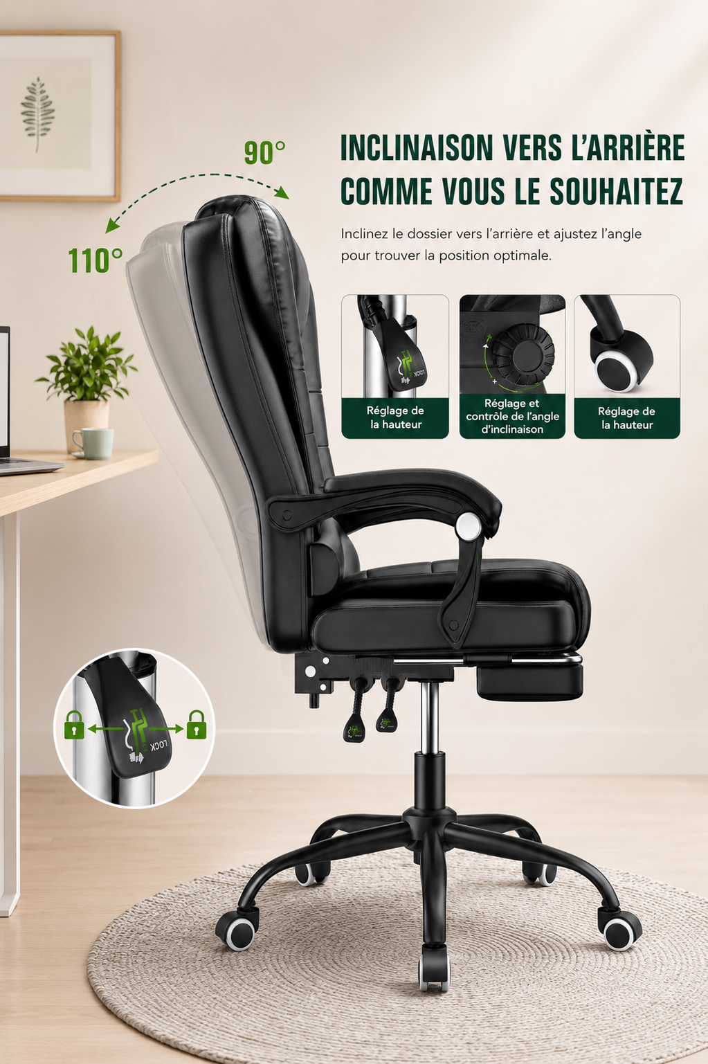 RecliMax 170 — Fauteuil de bureau matelassé avec repose-pieds escamotable similicuir, inclinaison 170°