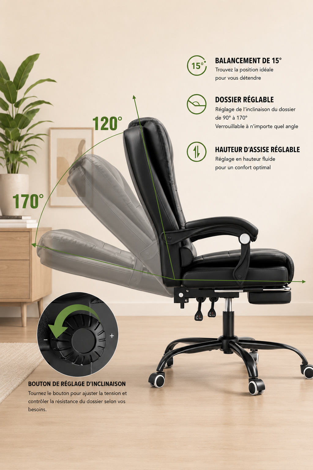 RecliMax 170 — Fauteuil de bureau matelassé avec repose-pieds escamotable similicuir, inclinaison 170°