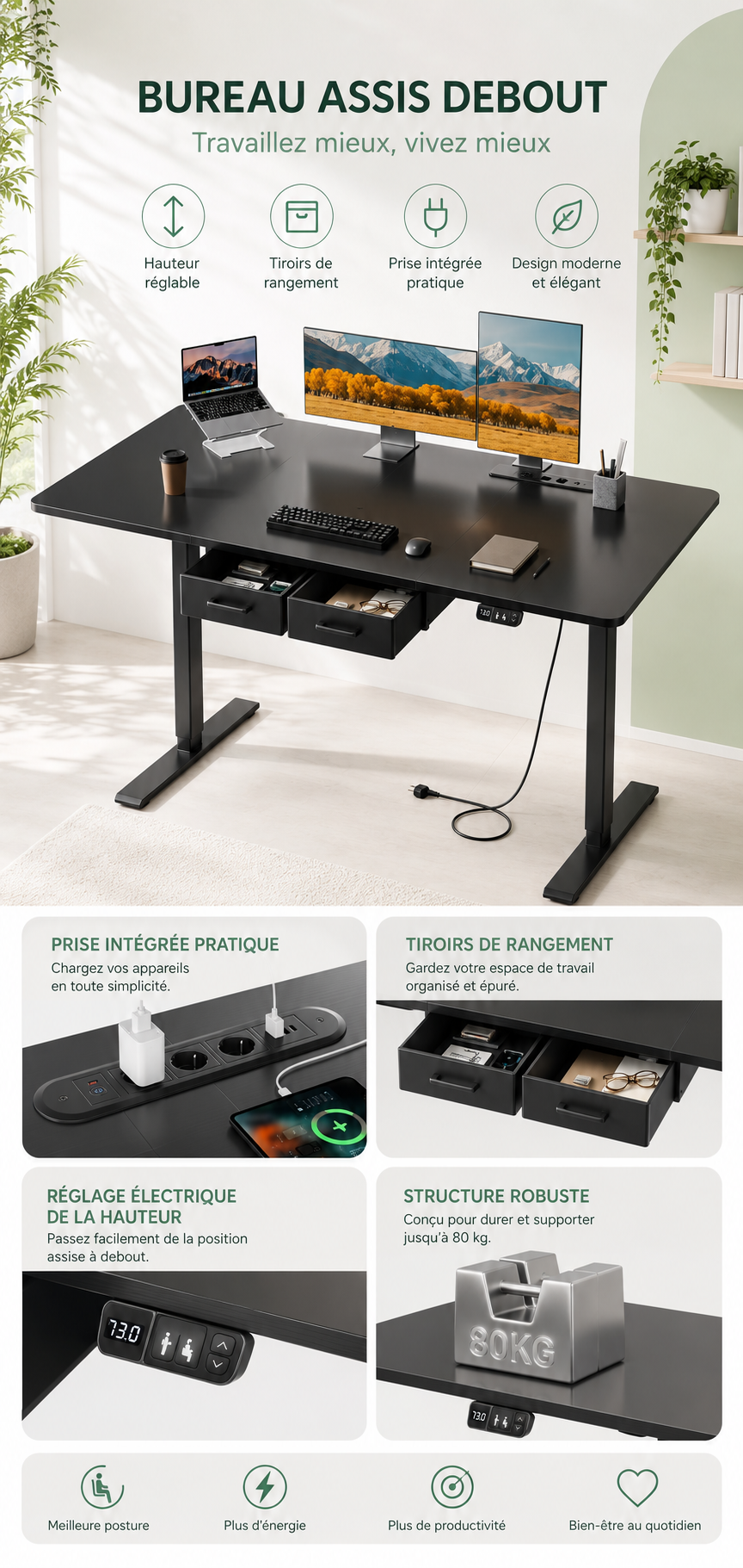 DeskMotion Pro - Bureau assis-debout électrique avec tiroirs et prise intégrée