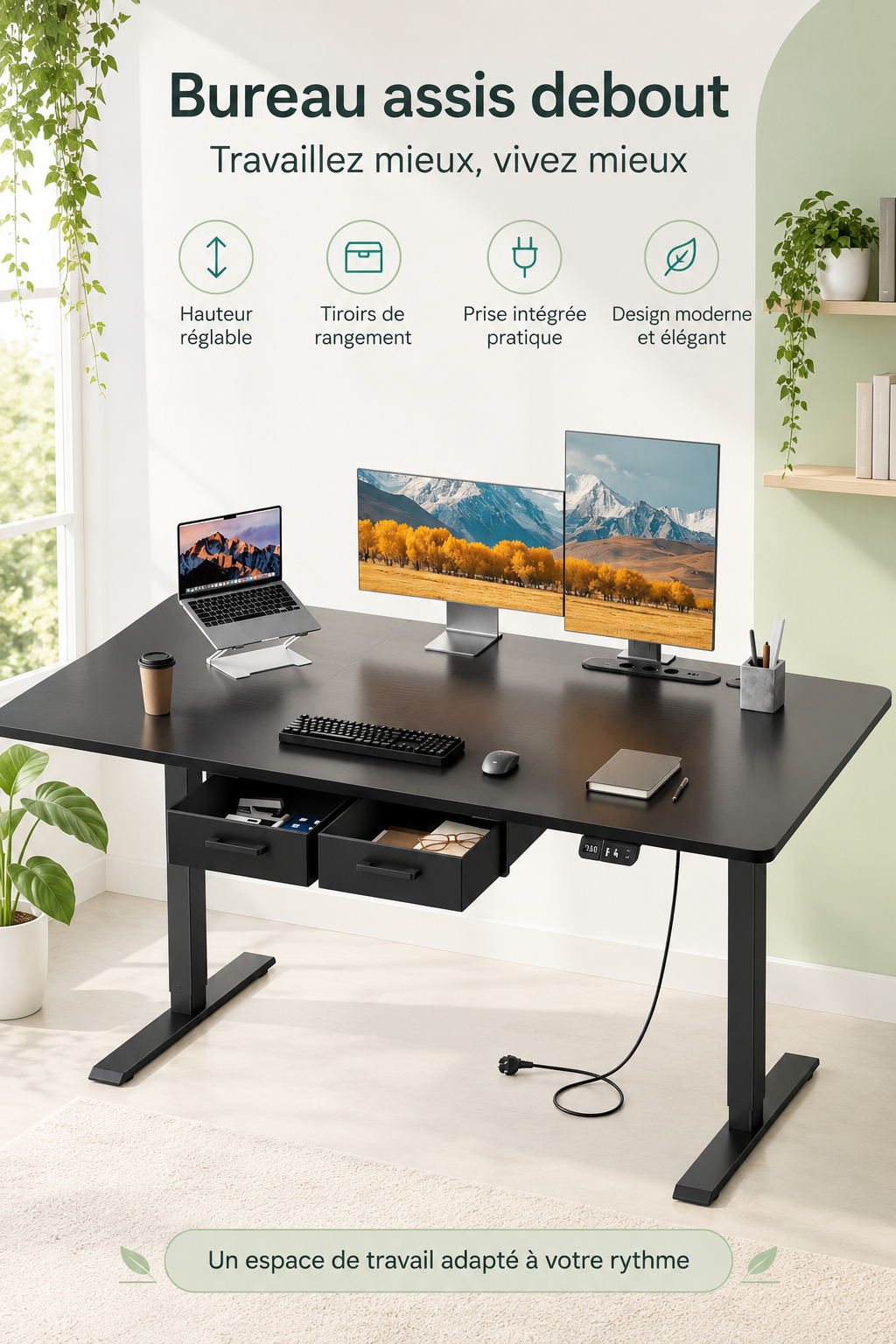 DeskMotion Pro - Bureau assis-debout électrique avec tiroirs et prise intégrée