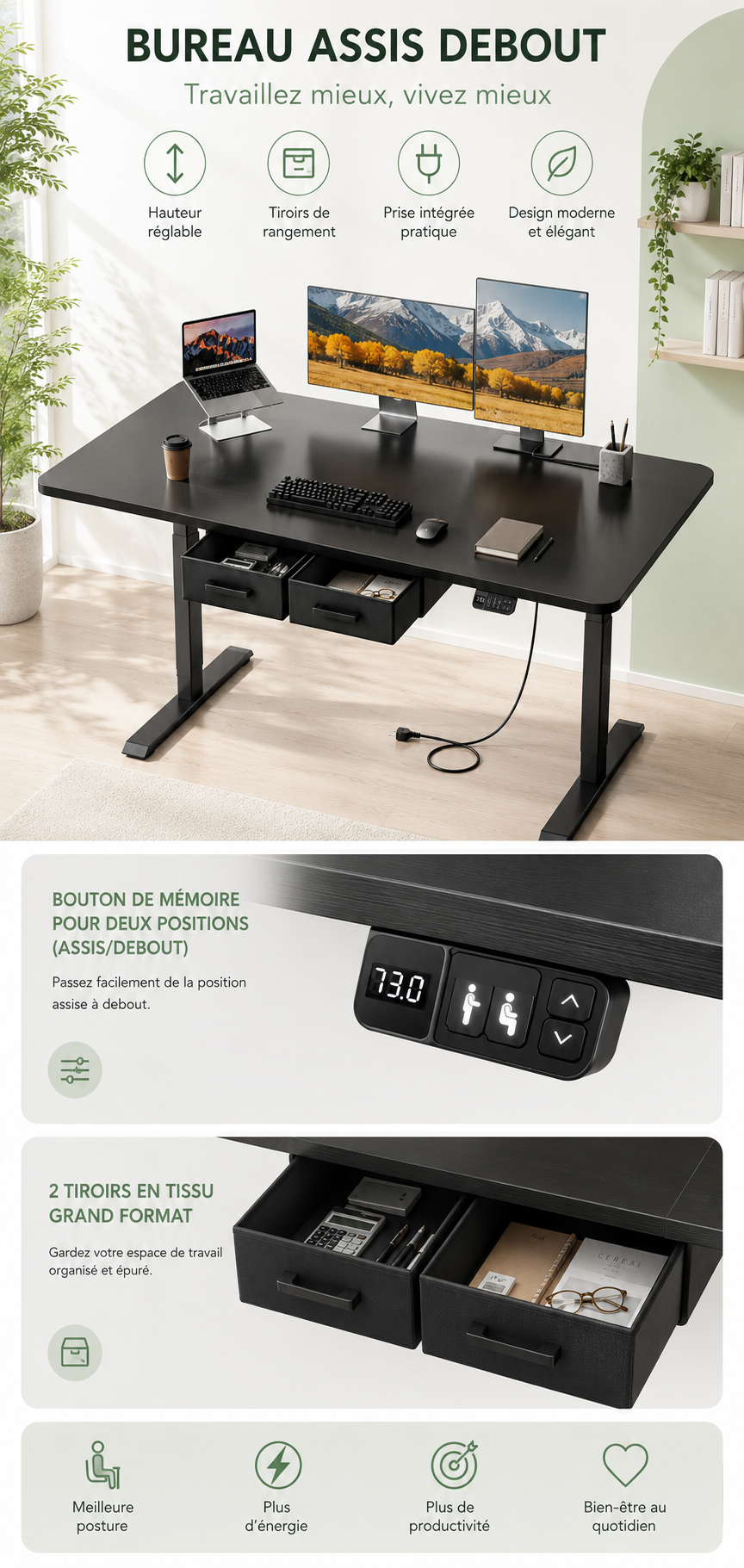DeskMotion Pro - Bureau assis-debout électrique avec tiroirs et prise intégrée