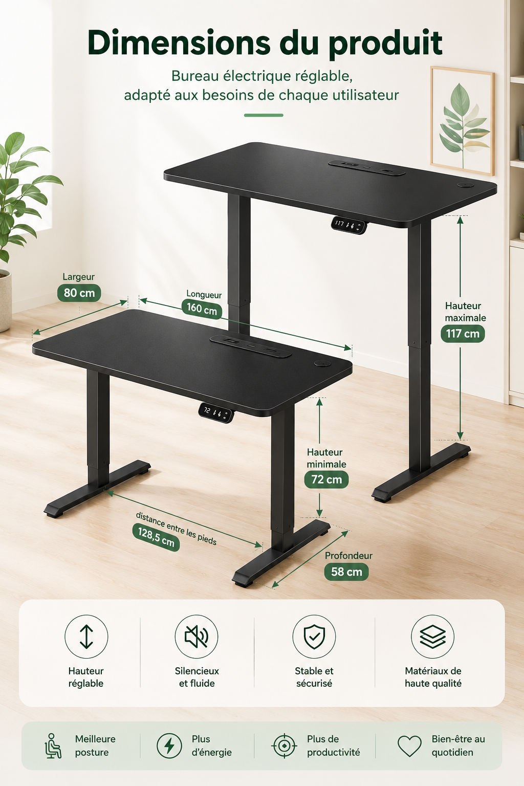 DeskFlow Pro — Bureau assis-debout électrique avec prise et USB intégrés