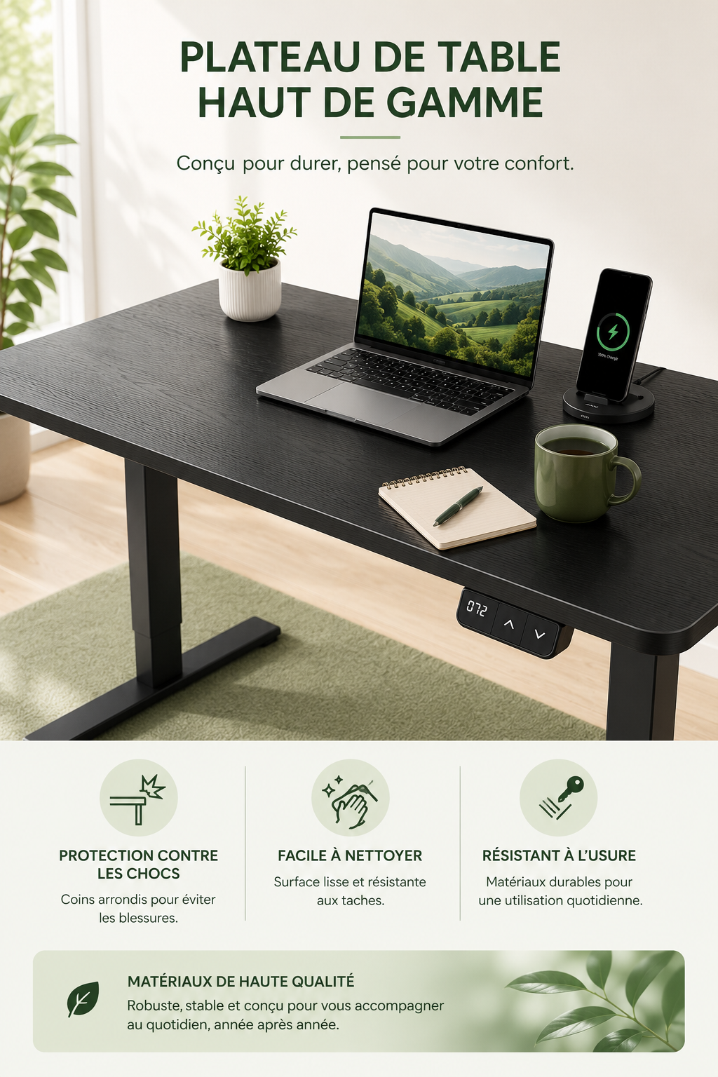 DeskFlow Pro — Bureau assis-debout électrique avec prise et USB intégrés