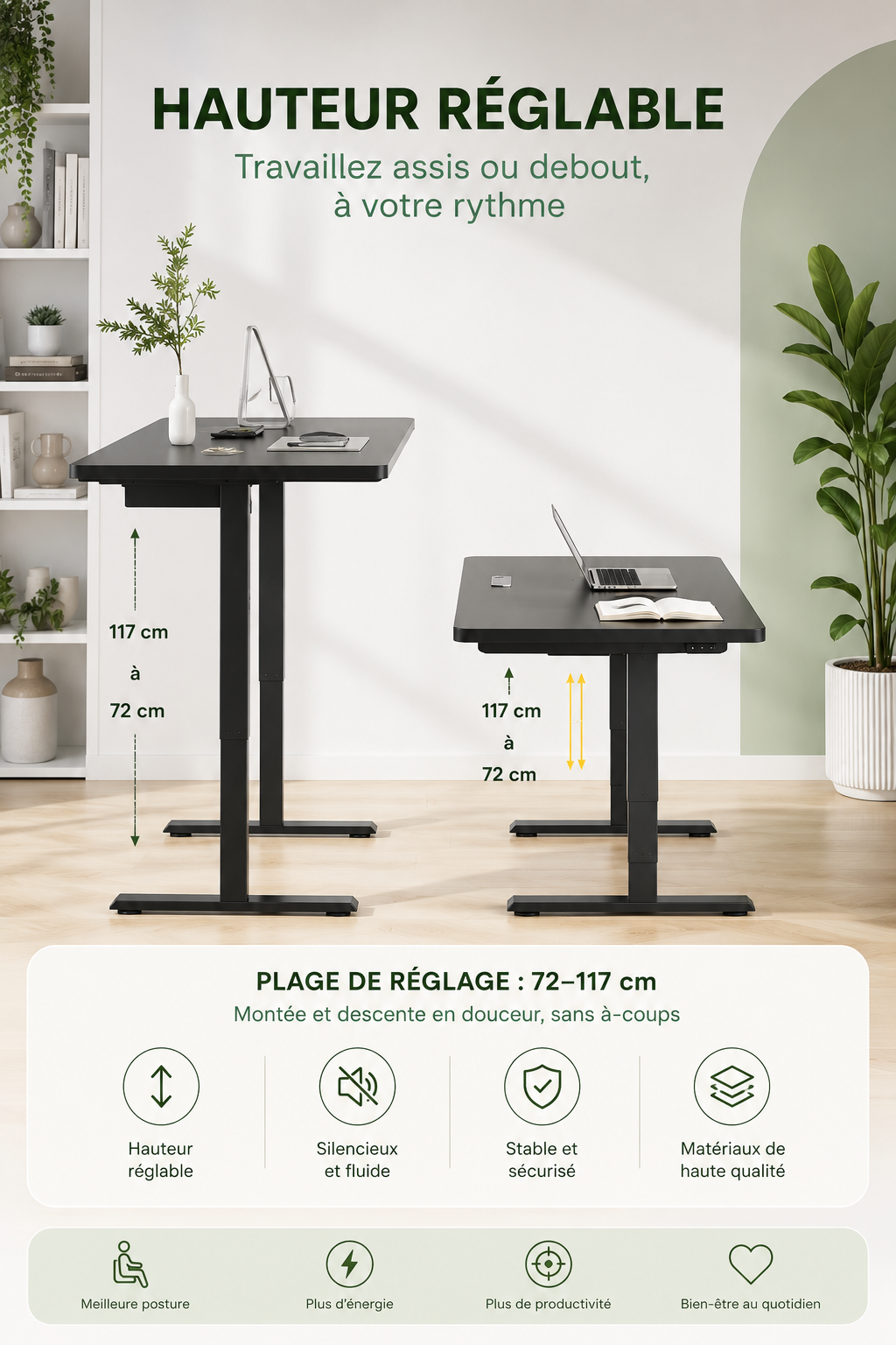 DeskMotion Pro - Bureau assis-debout électrique avec tiroirs et prise intégrée
