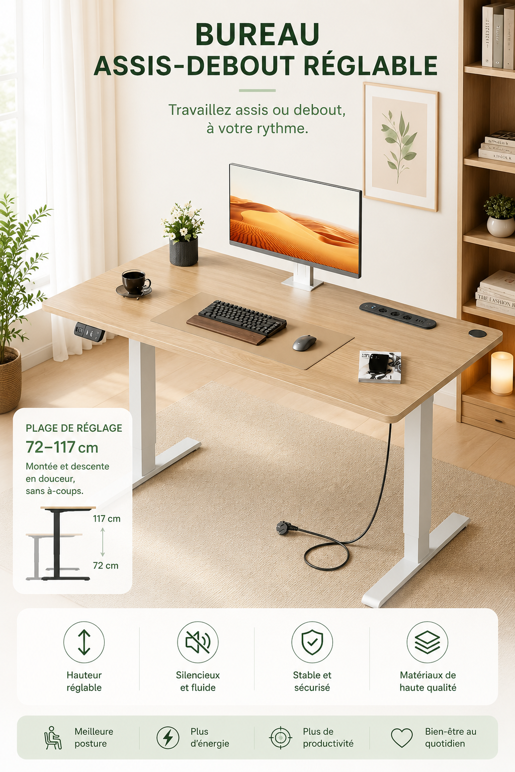 DeskFlow Pro — Bureau assis-debout électrique avec prise et USB intégrés