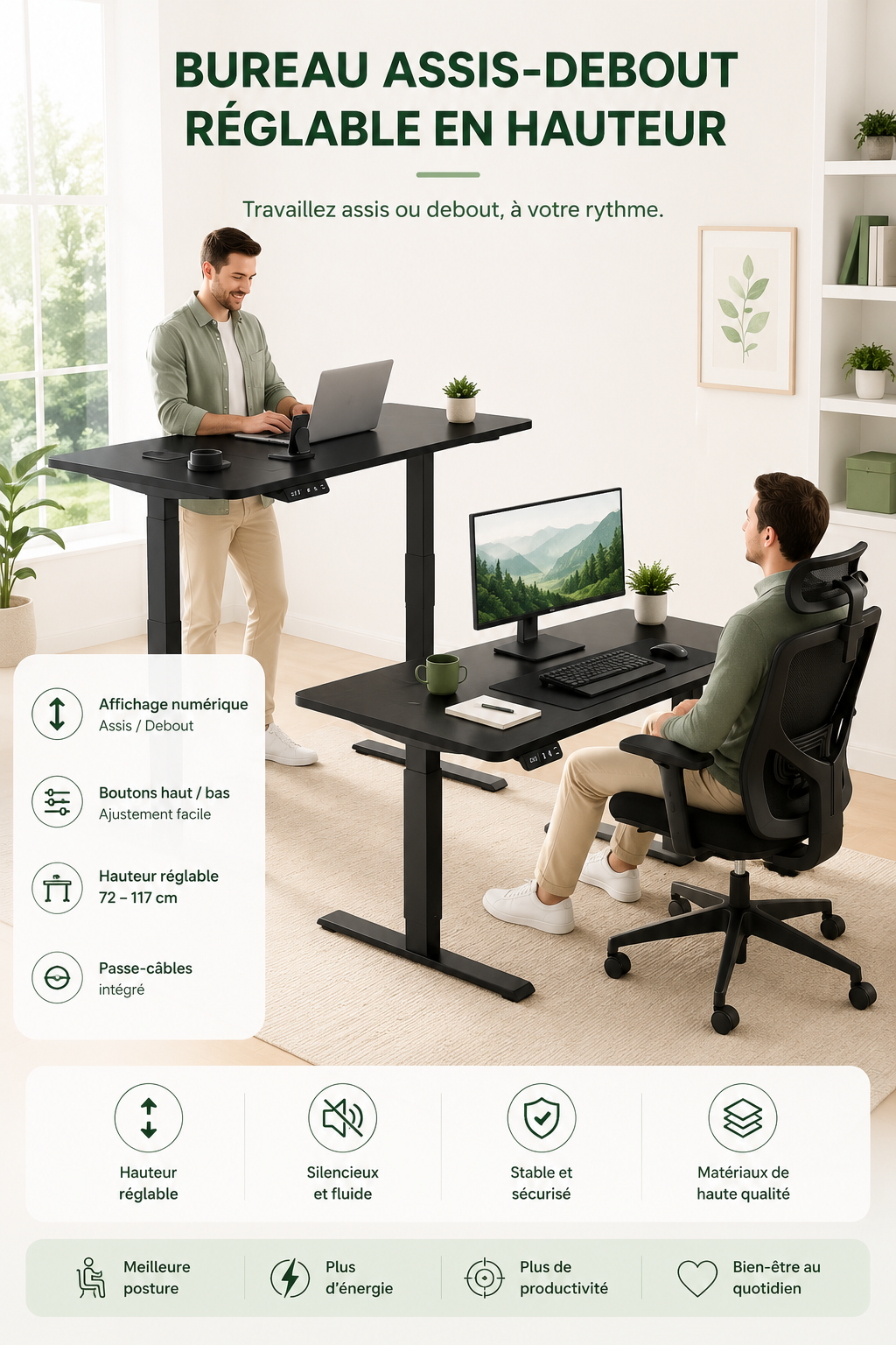 DeskFlow Pro — Bureau assis-debout électrique avec prise et USB intégrés