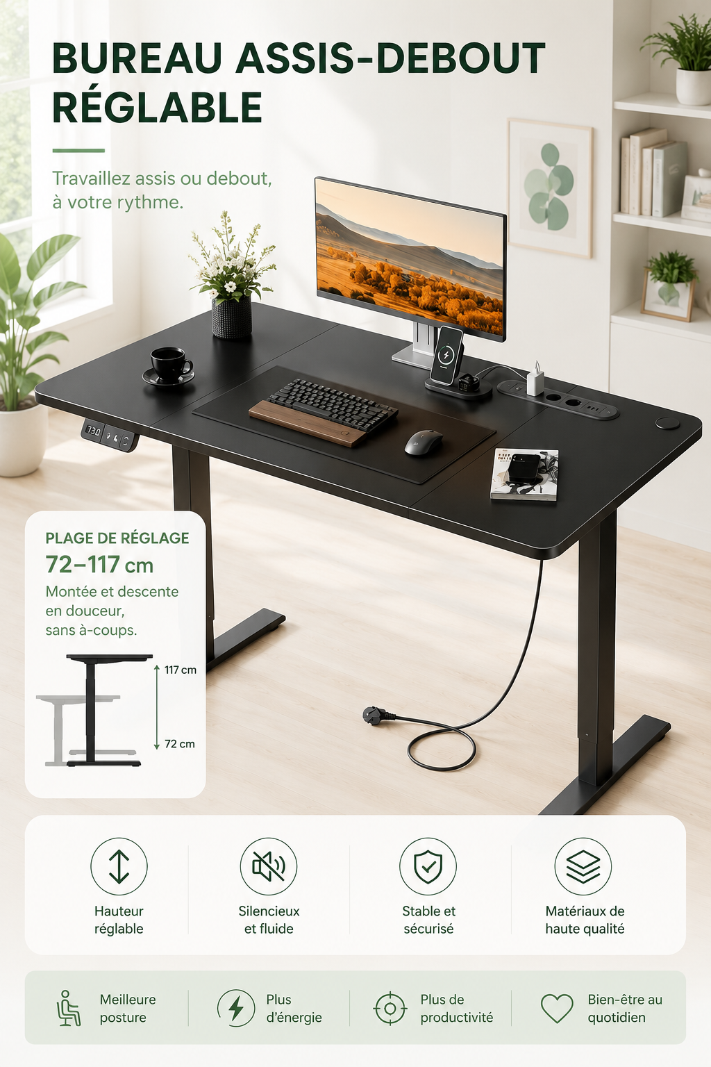 DeskFlow Pro — Bureau assis-debout électrique avec prise et USB intégrés