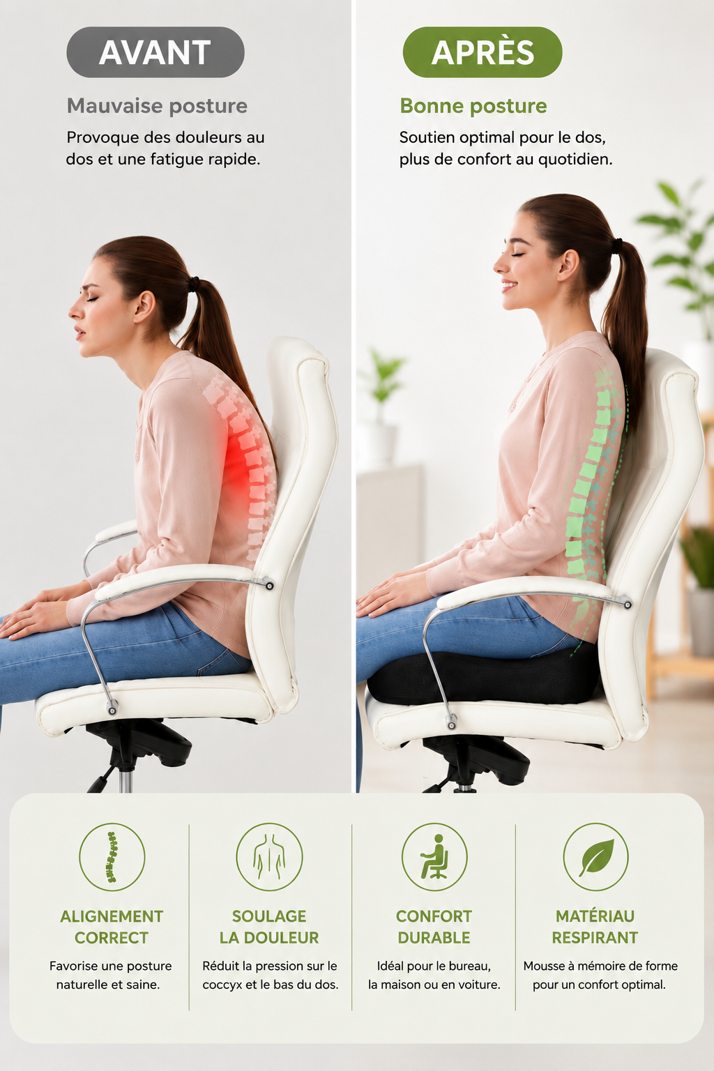 ComfortSeat U — Coussin d’assise ergonomique en mousse à mémoire de forme