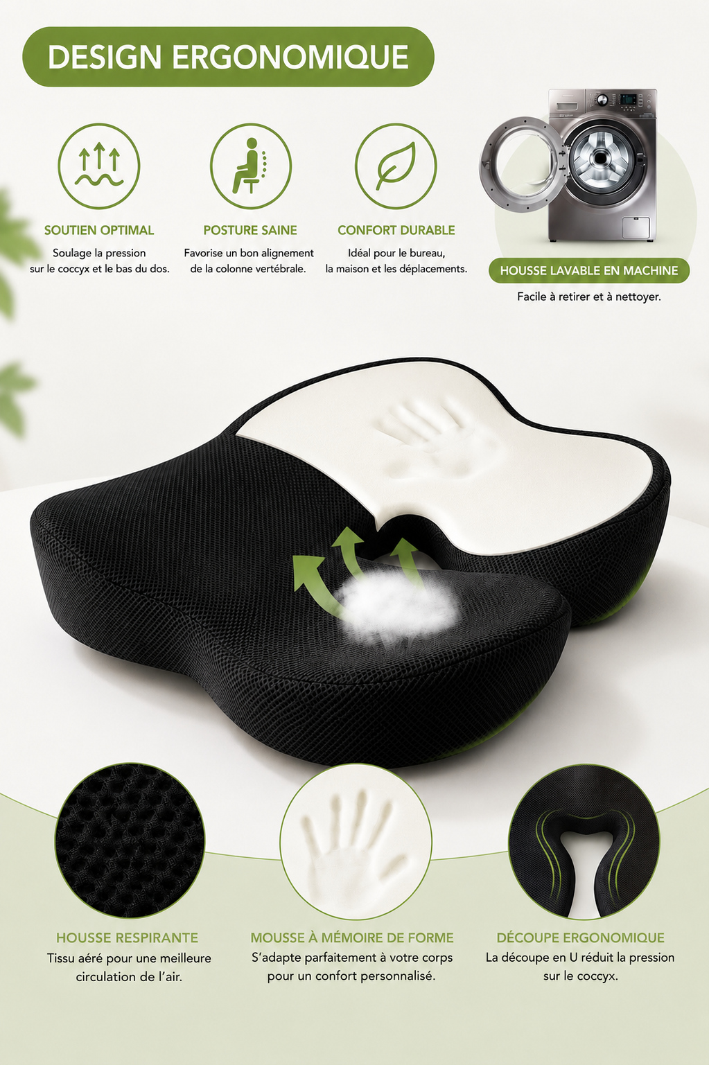 ComfortSeat U — Coussin d’assise ergonomique en mousse à mémoire de forme