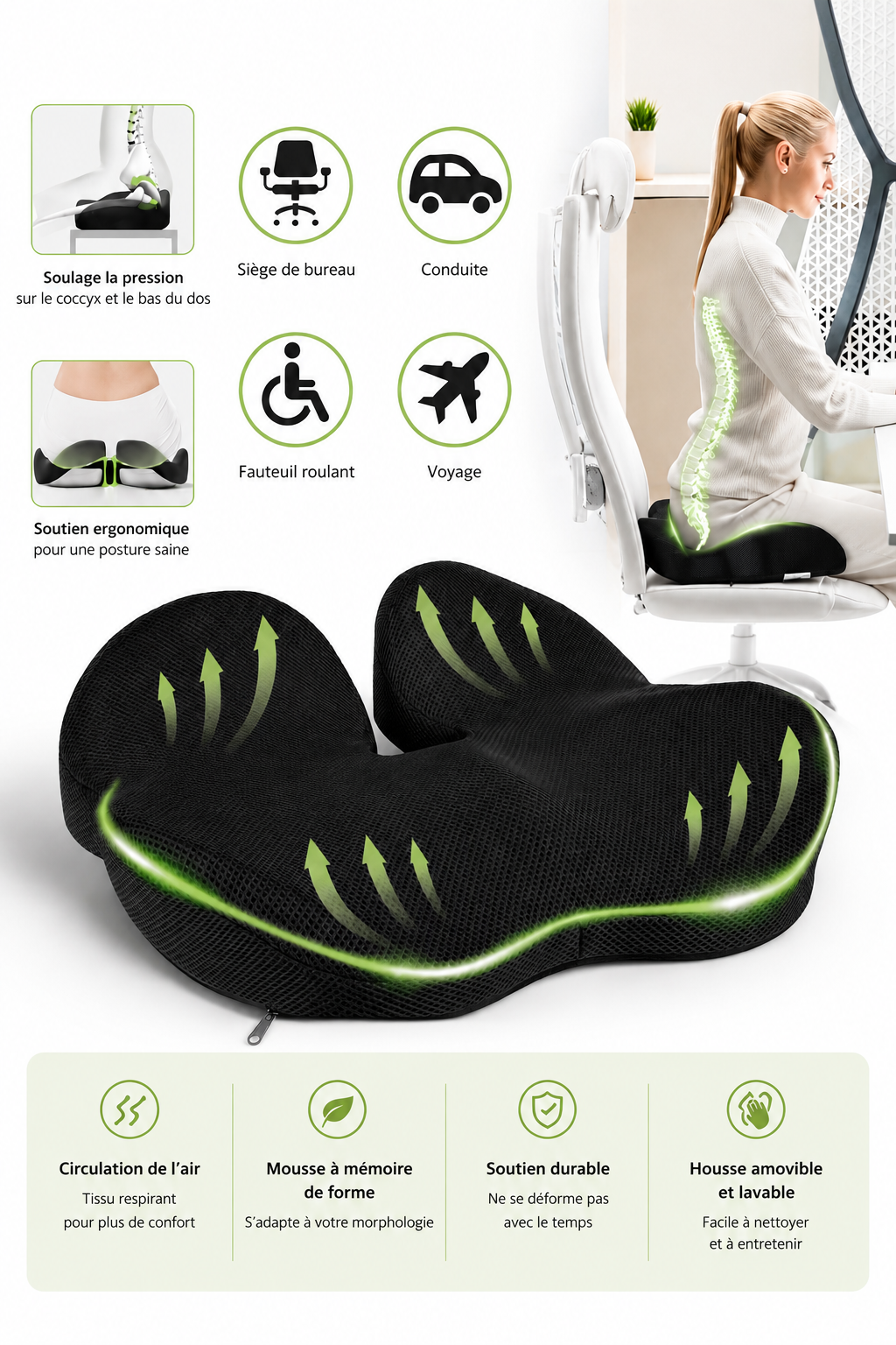 ComfortSeat U — Coussin d’assise ergonomique en mousse à mémoire de forme