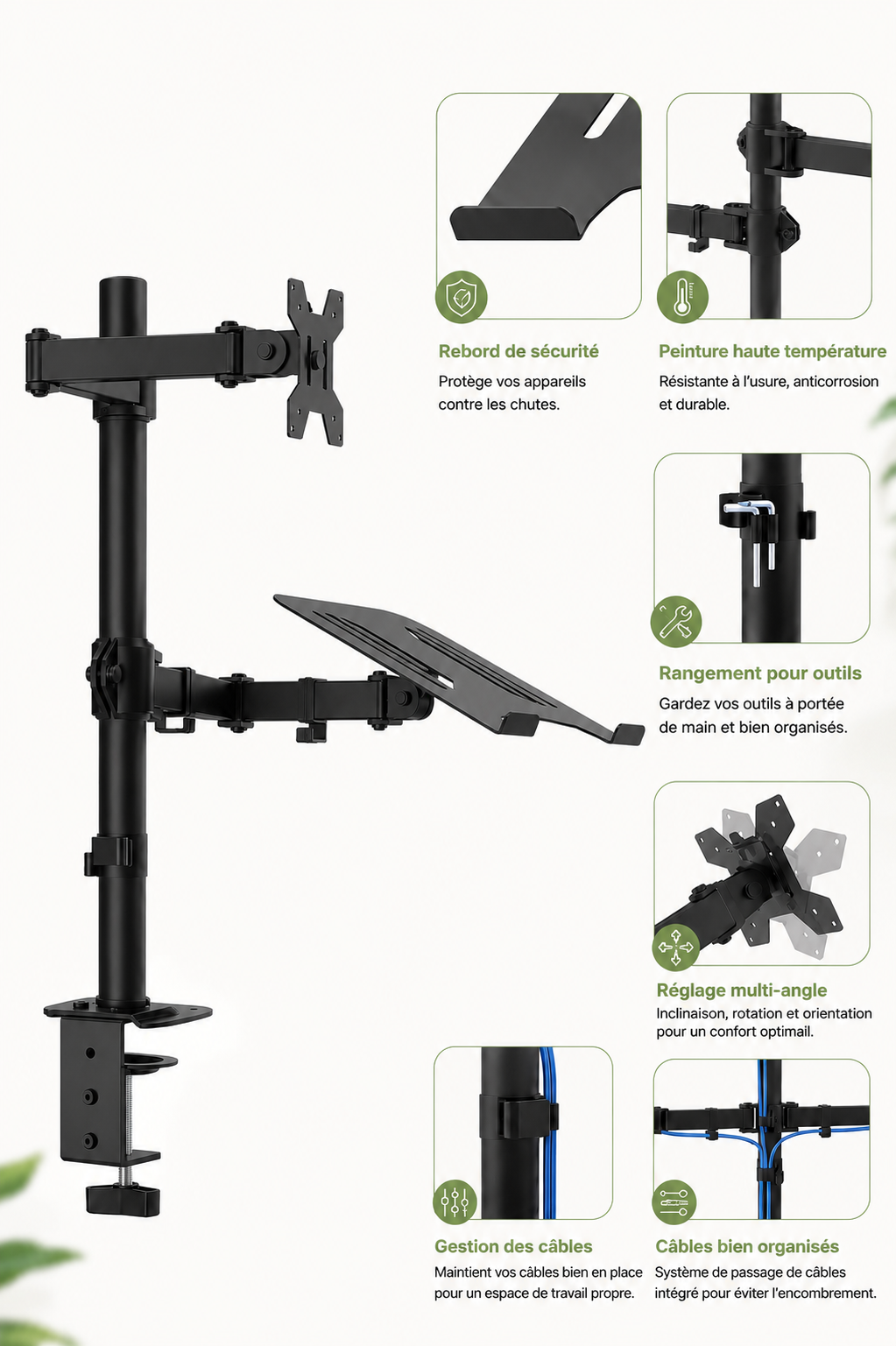 DeskArm Combo — Support double bras pour écran et ordinateur portable