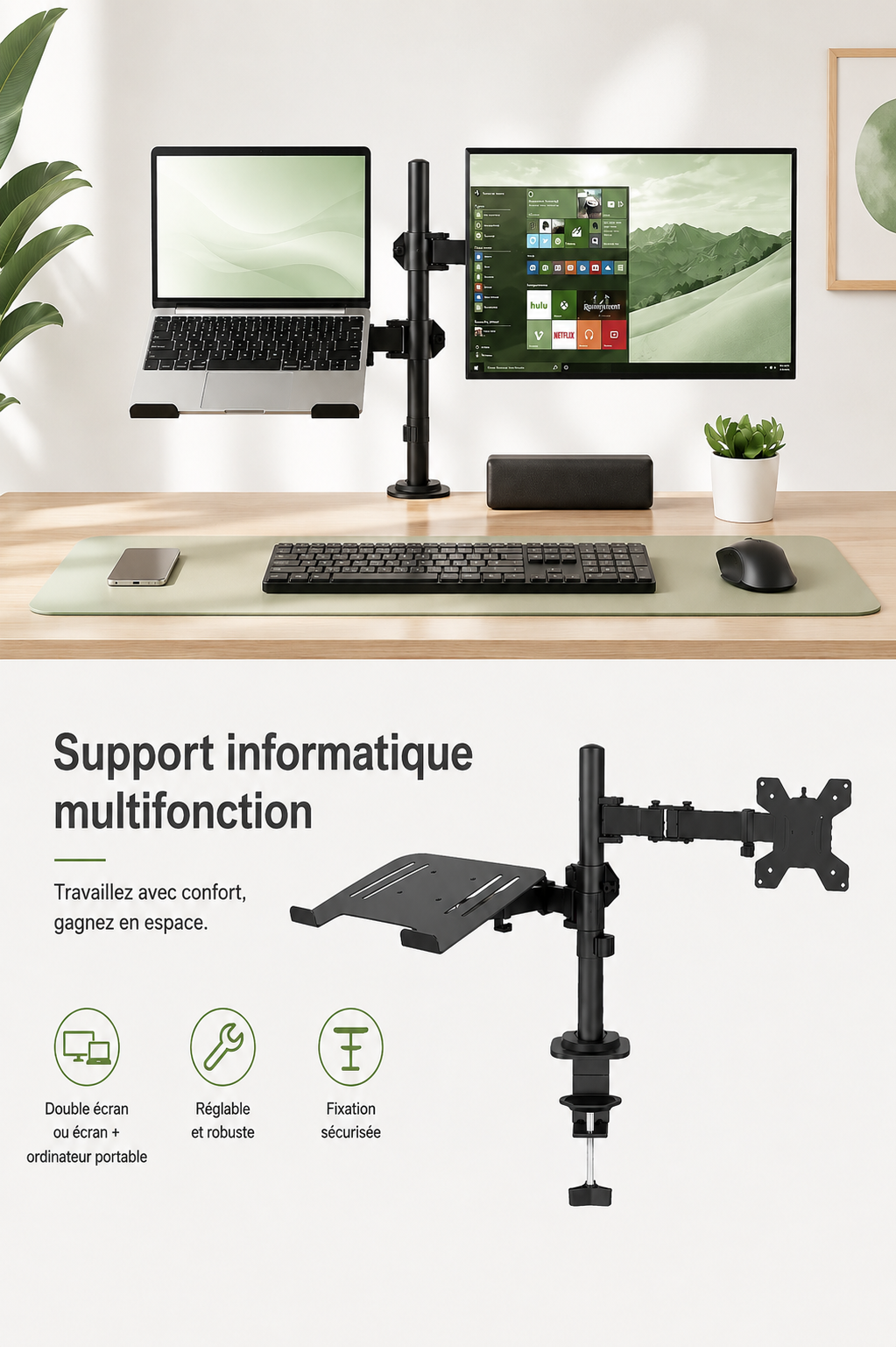 DeskArm Combo — Support double bras pour écran et ordinateur portable