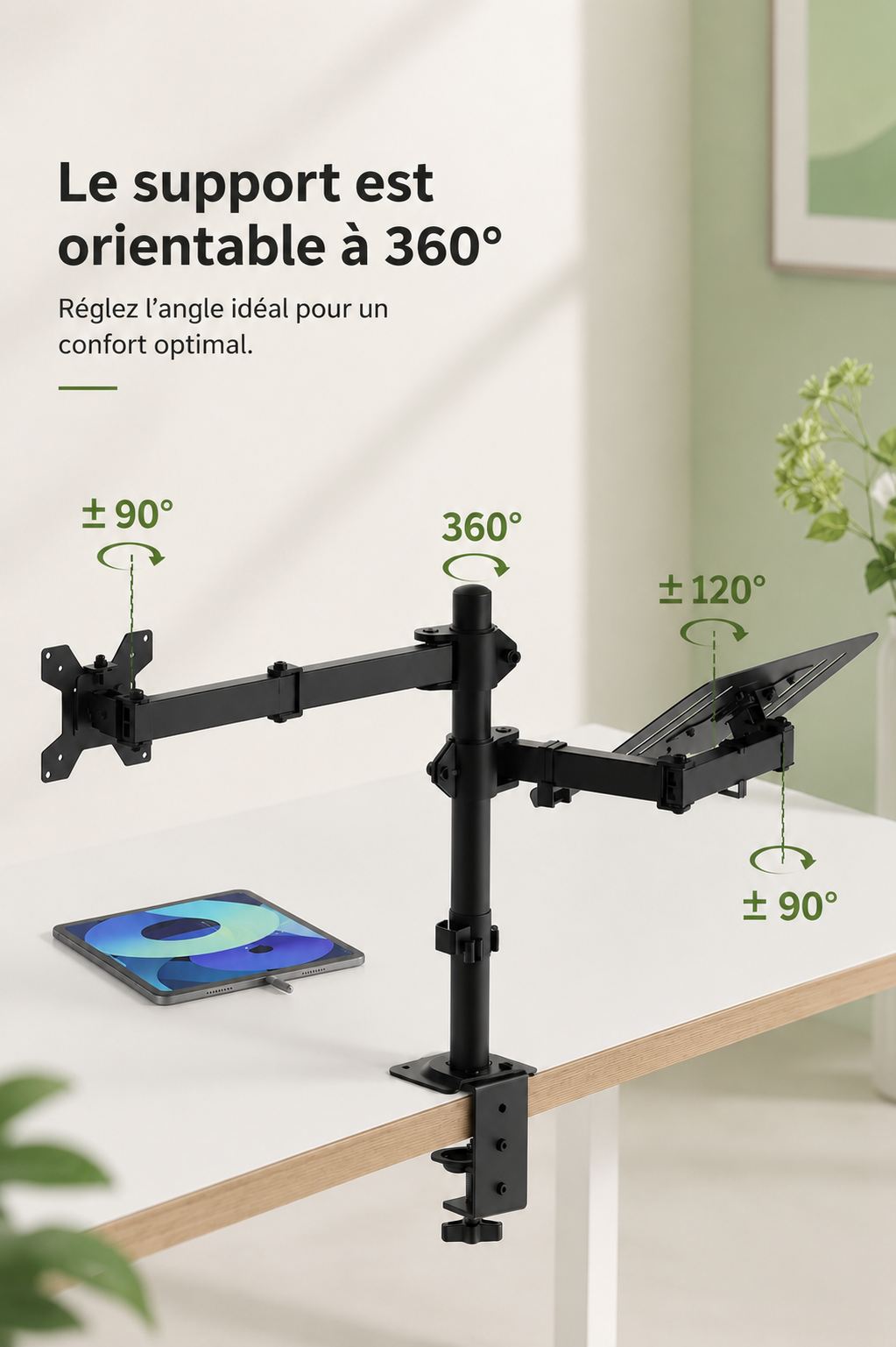DeskArm Combo — Support double bras pour écran et ordinateur portable
