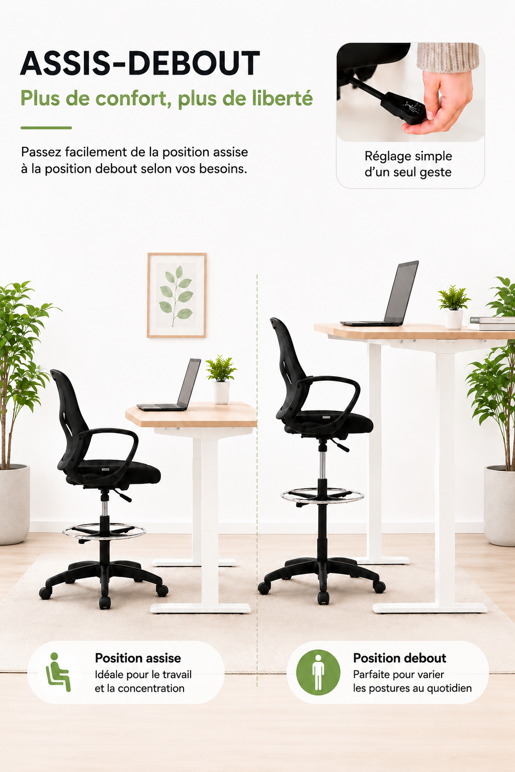 HighDesk Duo — Lot de 2 chaises de bureau assis-debout avec repose-pieds