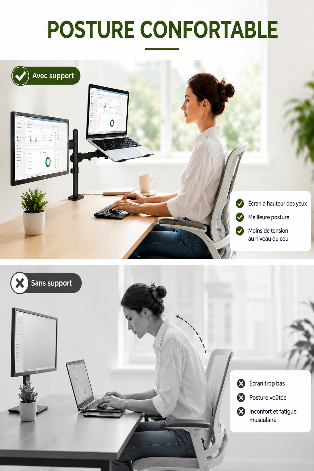 DeskArm Combo — Support double bras pour écran et ordinateur portable