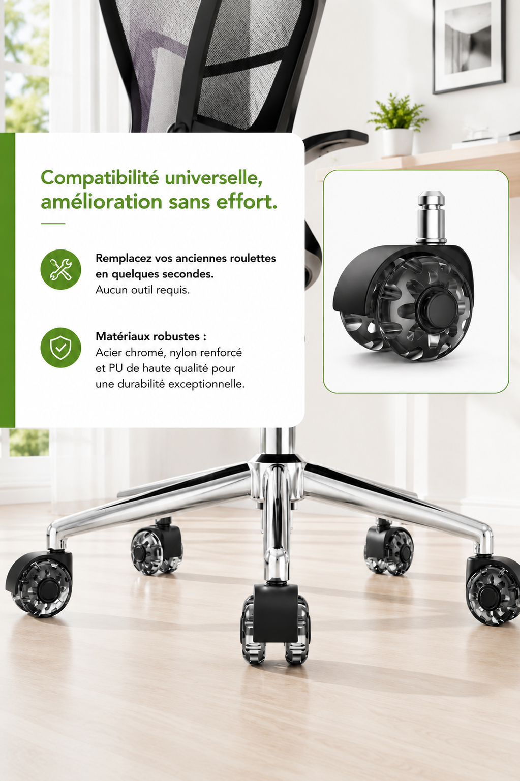 RollTech 200 — Set de roulettes de remplacement pour chaise de bureau