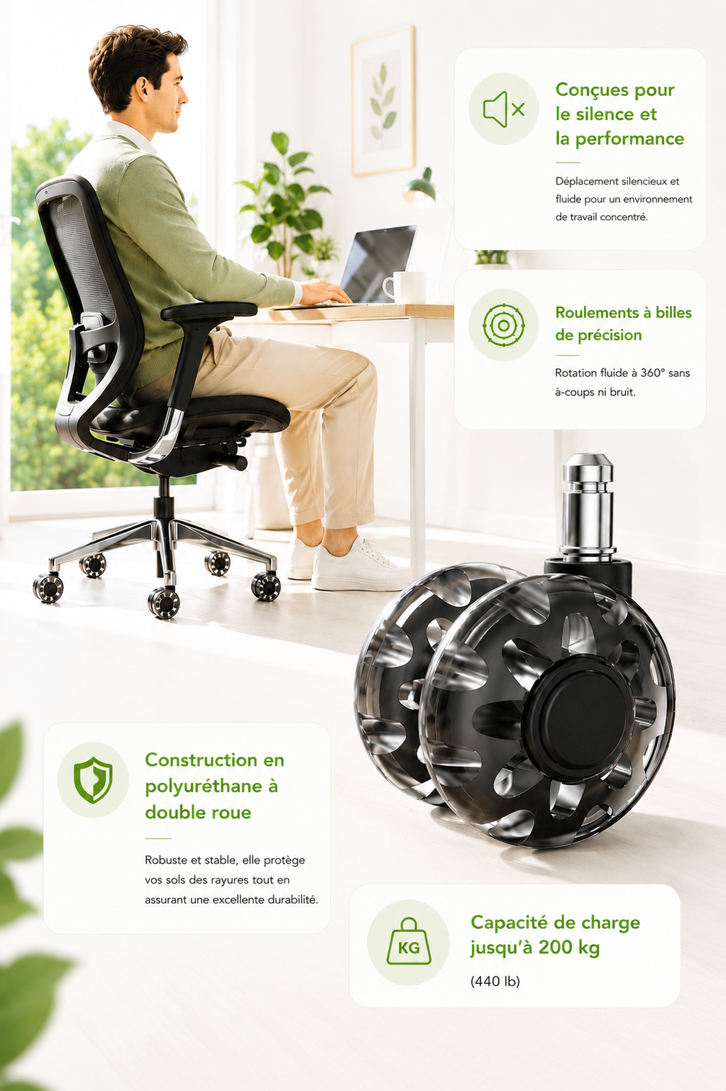 RollTech 200 — Set de roulettes de remplacement pour chaise de bureau