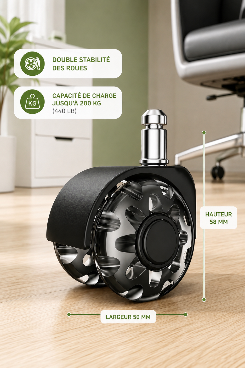 RollTech 200 — Set de roulettes de remplacement pour chaise de bureau