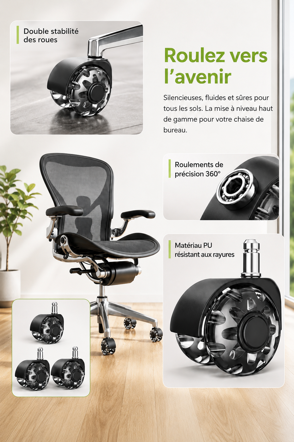 RollTech 200 — Set de roulettes de remplacement pour chaise de bureau