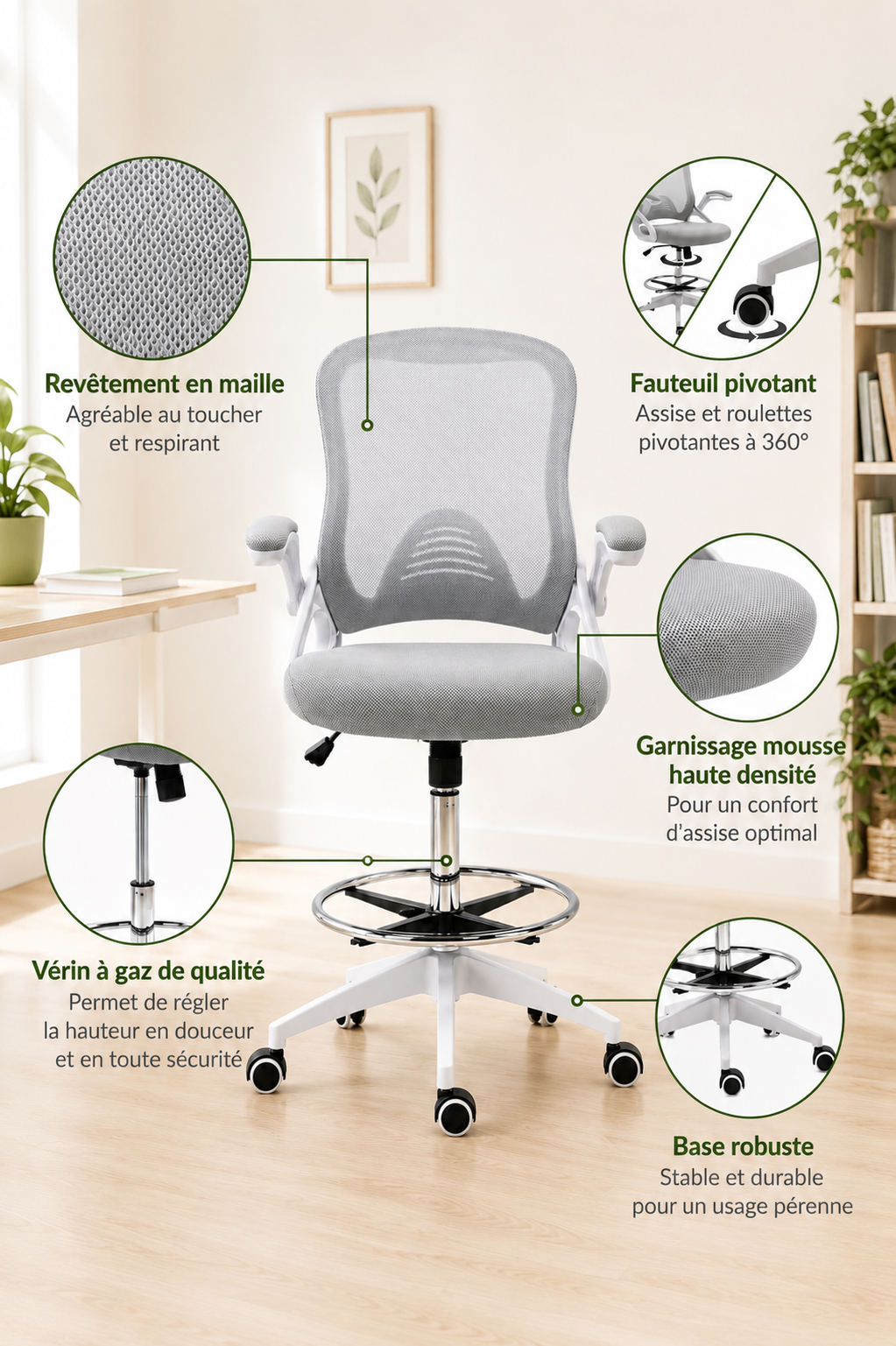 StandRest 78 — Chaise de bureau assis-debout avec repose-pieds réglable