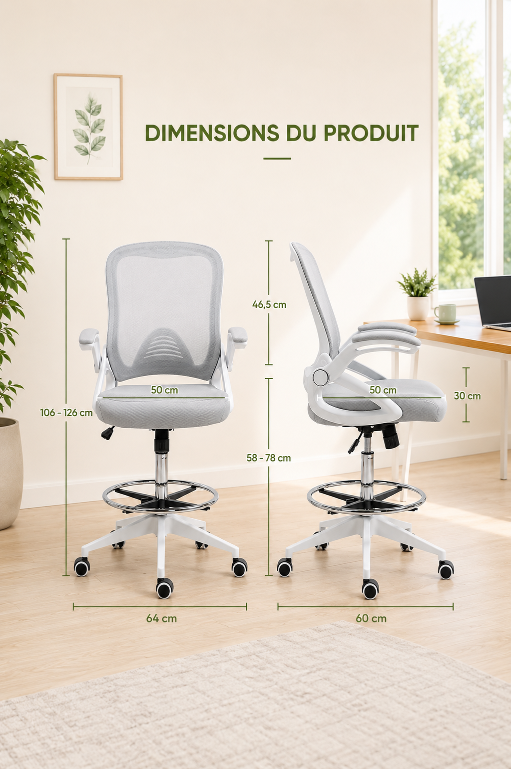 StandRest 78 — Chaise de bureau assis-debout avec repose-pieds réglable