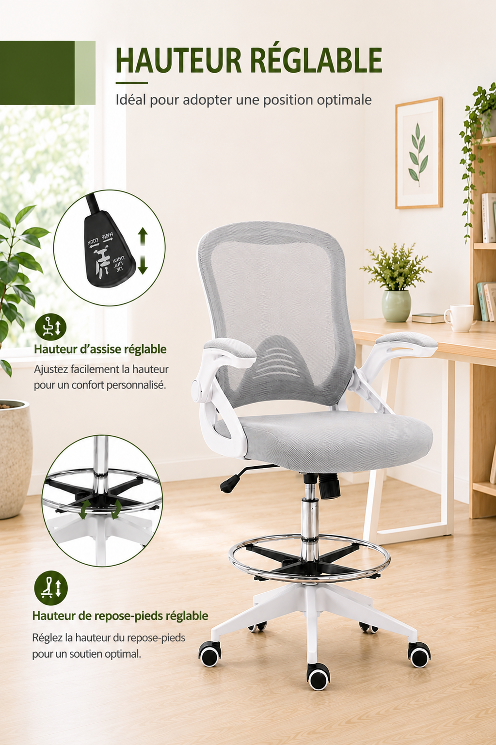 StandRest 78 — Chaise de bureau assis-debout avec repose-pieds réglable