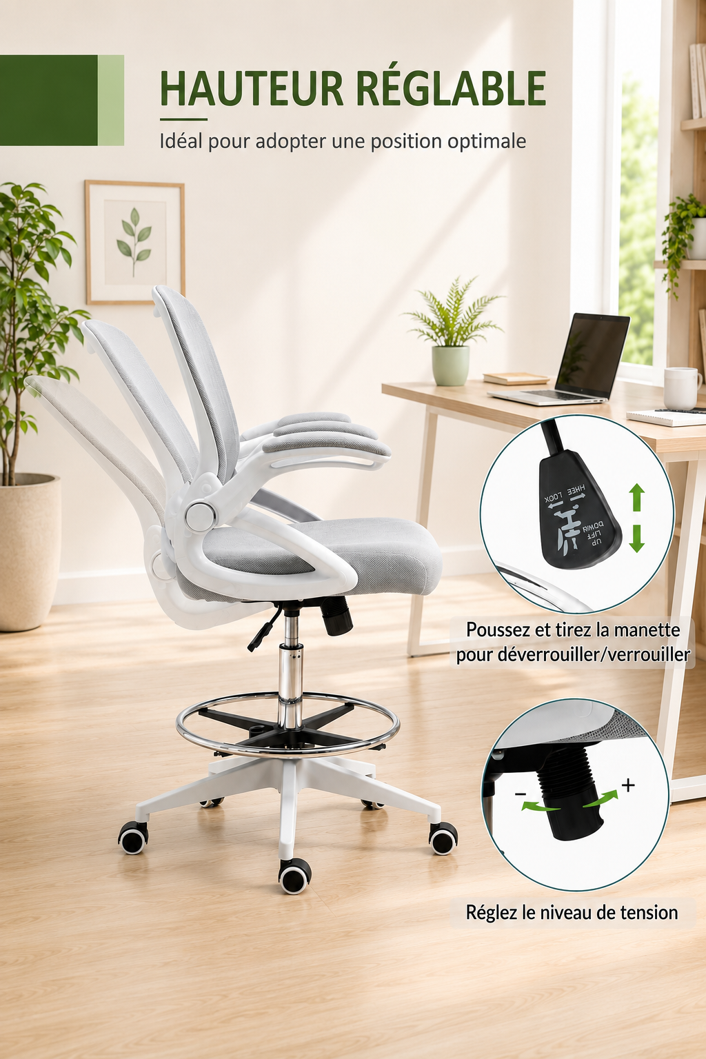 StandRest 78 — Chaise de bureau assis-debout avec repose-pieds réglable
